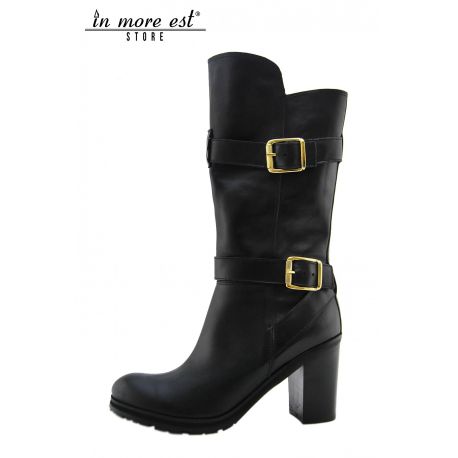 THE BOOT MEDIUM-LEG SLEEVE MEDIUM BLACK CALF BUCKLES METAL GOLD BOTTOM RUBBER CARARMATO